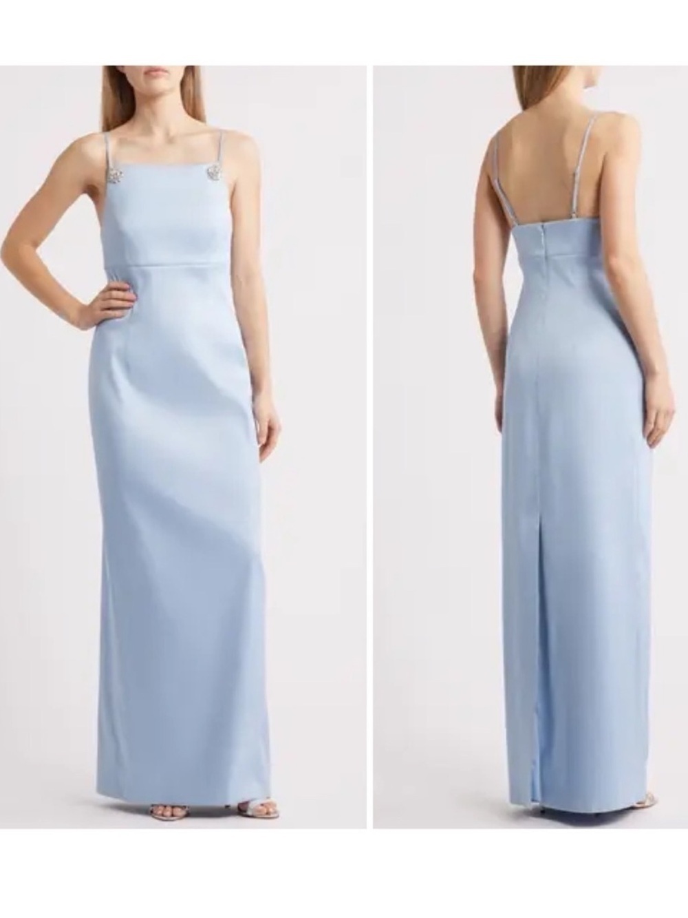 New Sachin & Babi Pryce Crystal Strap Detail Vertical Stretch Mikado Column Gown